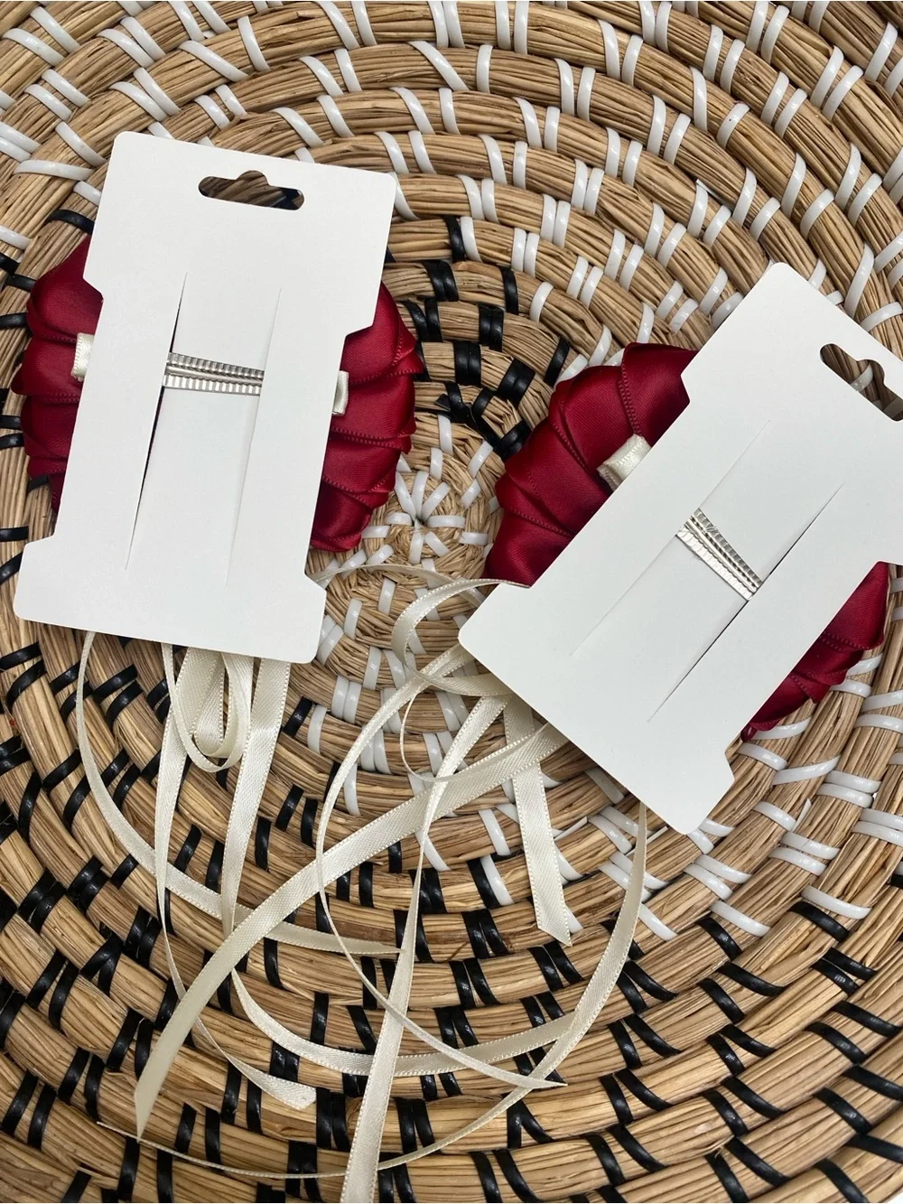 Kids Deep Red Satin Bow Hair Clips with Cream Streamers